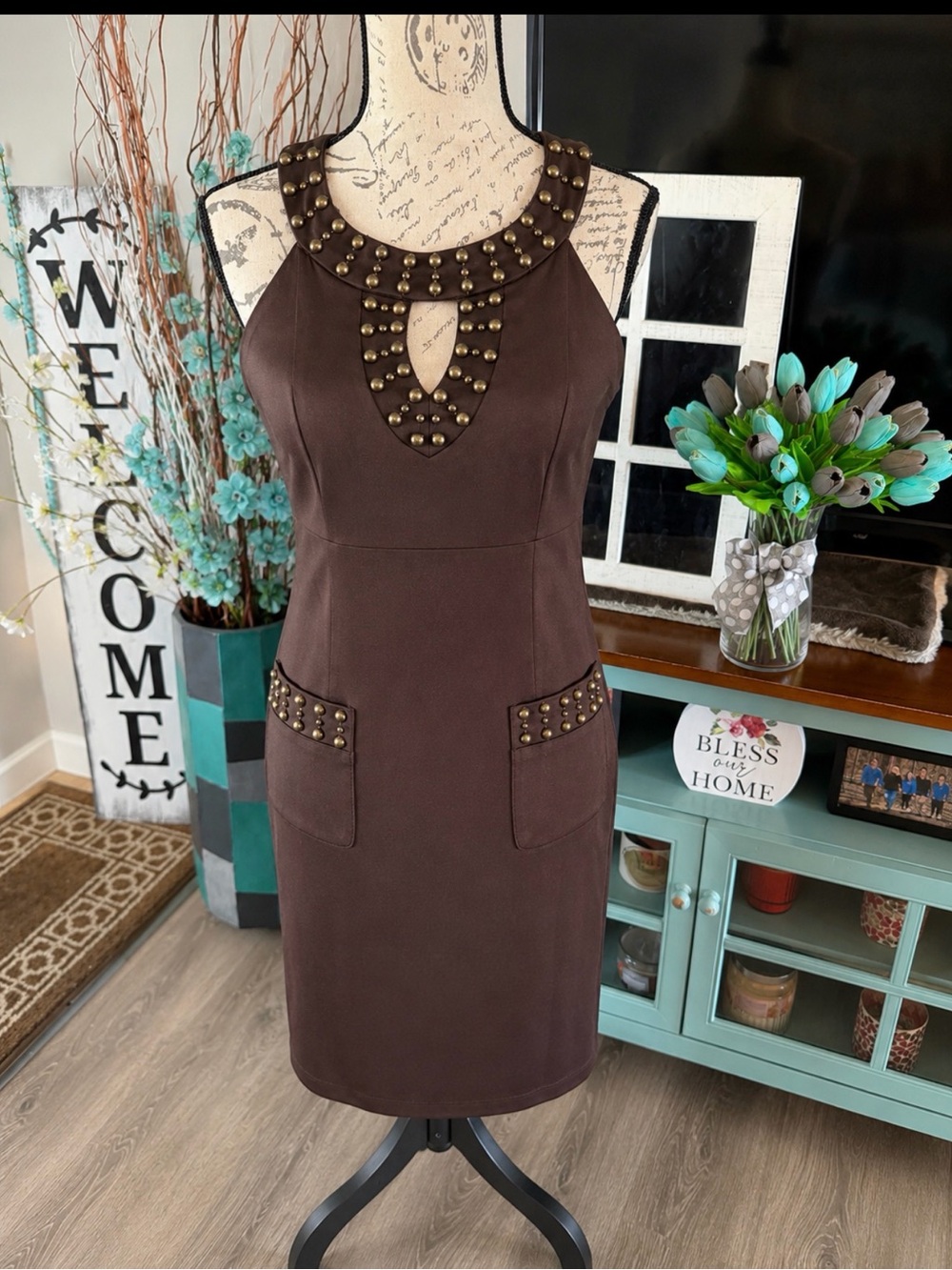 new directions Chocolate Brown Studded Midi Dress Size 8